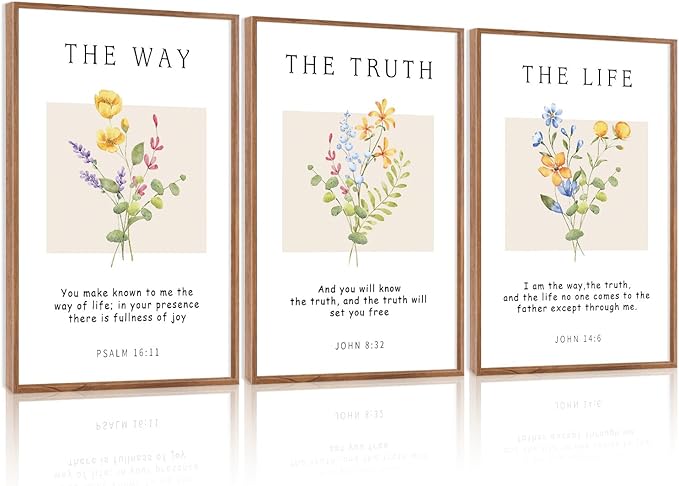 CHDITB Floral Christian Framed Canvas Wall Art Set, Bible Verse Wall Decor, The Way The Truth The Life Wall Painting,Botanical flowers Scripture Art Prints for Living Room Prayer Decor(12X16 Inch)