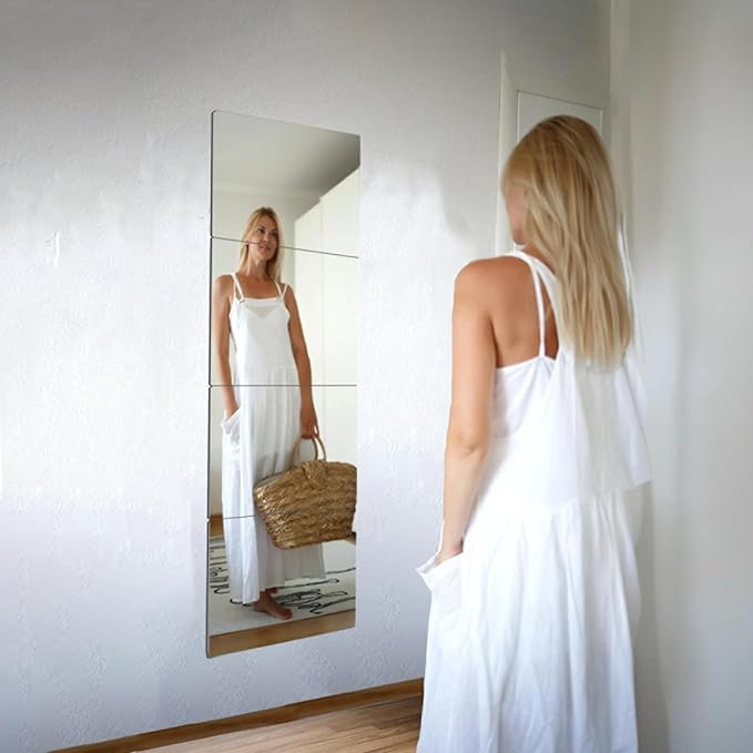 Unbreakable Wall Mirror Full Length,Over the Door Mirror for Bedroom,4Pcs 16inchx12inch Acrylic Mirror Kids,Shatterproof Plexiglass Long Mirrors,Children Non Glass Stick on Mirrors Tiles self adhesive