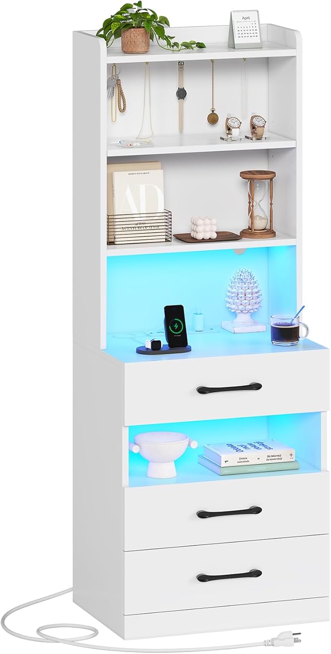 AOGLLATI Tall Nightstand with Charging Station and LED Lights, Night Stand with 3 Drawers, Bedside Table with Bookshelf and Storage Shelves, White Modern End Side Table for Bedroom