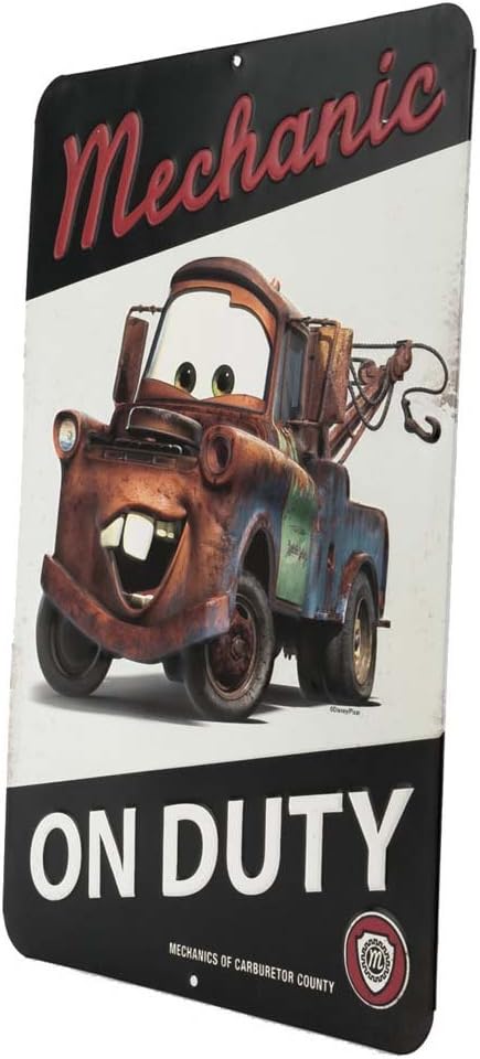 Disney Pixar Cars Tow Mater Mechanic On Duty Embossed Metal Sign - Vintage Tow Mater Sign for Bedroom or Garage