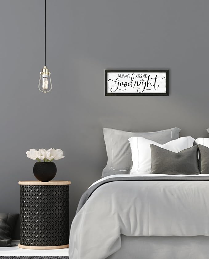 Always Kiss Me Goodnight Wall Sign: Master Bedroom Wall Decor Above Bed Framed Aesthetic Farmhouse Bedroom Decor for Couples Rustic Family Sign Minimalist Wall Art Wall Plaques 6" x 14.5"