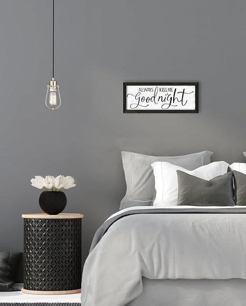 Always Kiss Me Goodnight Wall Sign: Master Bedroom Wall Decor Above Bed Framed Aesthetic Farmhouse Bedroom Decor for Couples Rustic Family Sign Minimalist Wall Art Wall Plaques 6" x 14.5"