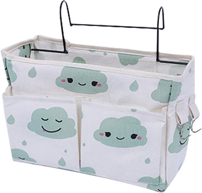 Bedside Caddy Hanging Organizer,Canvas Bag Pockets Basket Multifunction Bedside Organizer for Bunk College Dorm Bed Rails with Magazine Books Phone Cable Tablet Water Bottle,Blue Clouds