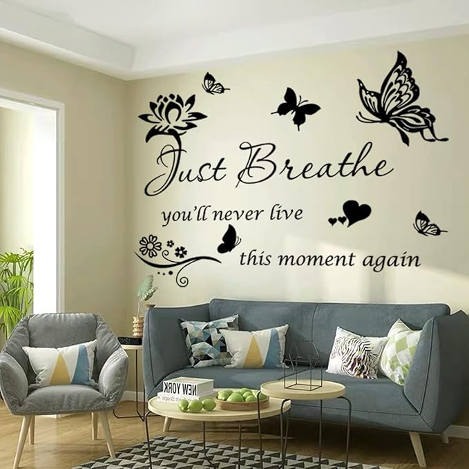 Inspiring Positive Quotes Wall Sticker - Just Breathe Decals, Inspirational Art for Women Girls Bedroom Living Room - Encouragement Gifts Home Decoration