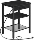 HOOBRO Side Table with Charging Station and USB Port, Small End Table for Small Space, 3-Tier Nightstand with Adjustable Shelf, for Living Room, Bedroom and Balcony, Black BB112BZ01