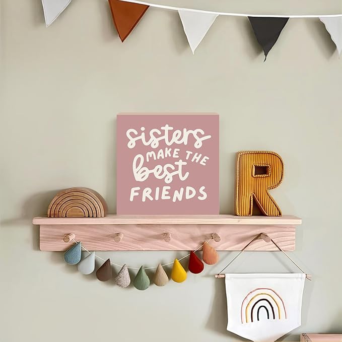 Lacama Pink Girl Nursery Decor Wooden Box Sign, Sisters Make the Best Friends Decorations Wood Block Signs, Retro Pink Wood Sign for Toddler Girls Room Playroom Desk Shelf Wall Decor 5x5 Inches