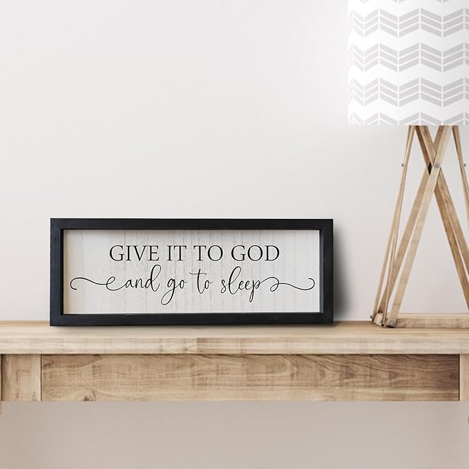 SRSZHIYUE Bedroom Above Bed Wall Decor Give It To God And Go To Sleep Sign 16"X6" Christian Farmhouse Over Bed for Horizontal Catholic Master Vintage Wood Framed Wall Art Hanging (Black)