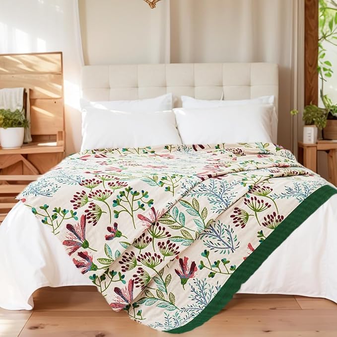 Boho Throw Blanket, 100% Organic Cotton Breathable Ultra Soft 91" x 108" King Bed Quilt Throw - All Season Floral Rustic Farmhouse Decor Luxury Blanket for Sofa Couch Chair and Gift