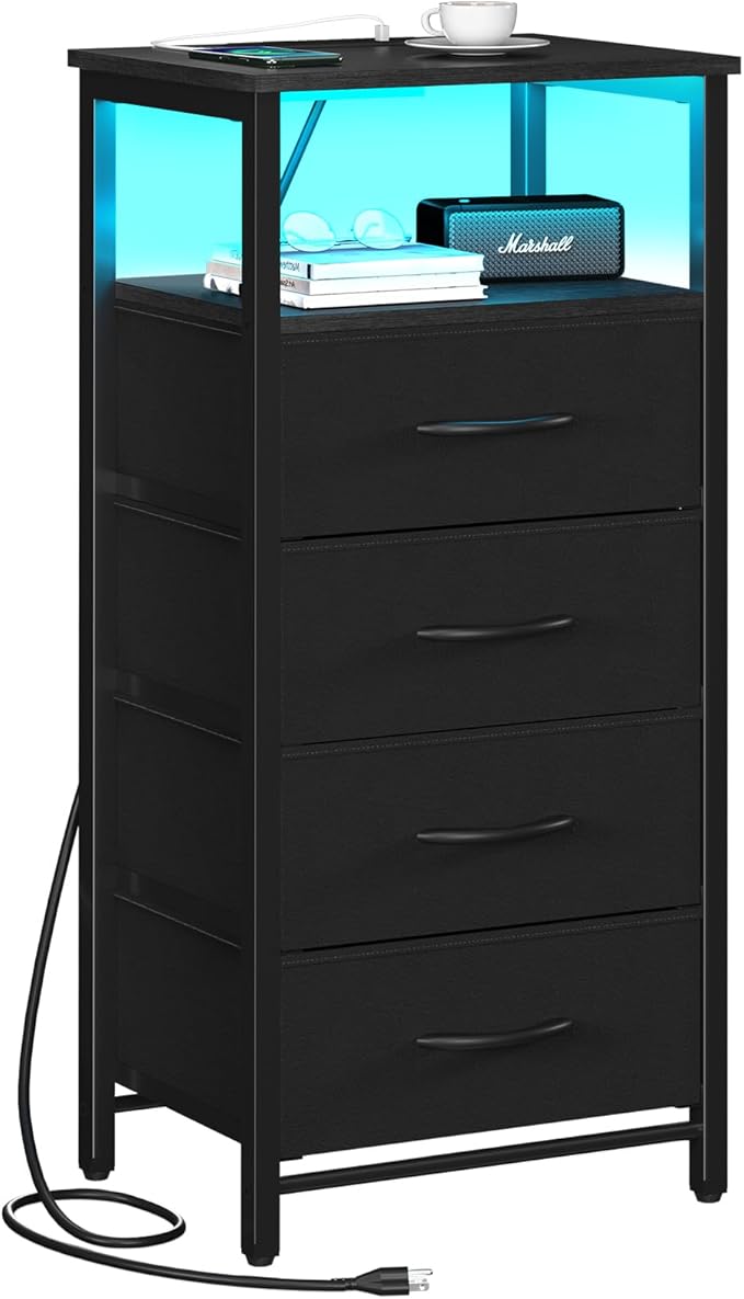 Yoobure Night Stand - Small Dresser for Bedroom, LED Black Nightstand with Charging Station, Bedside Table with 4 Fabric Drawers and Open Shelf, Vertical Dressers with USB Ports and Outlets