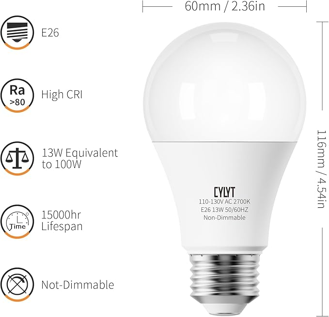 100W Equivalent Bright LED Light Bulbs, Warm White 2700K A19 Lightbulbs, Focos LED para Casa, for Kitchen Bedroom Indoor Outdoor, 1500 Lumens, E26 Standard Base, Non-Dimmable, 4-Pack