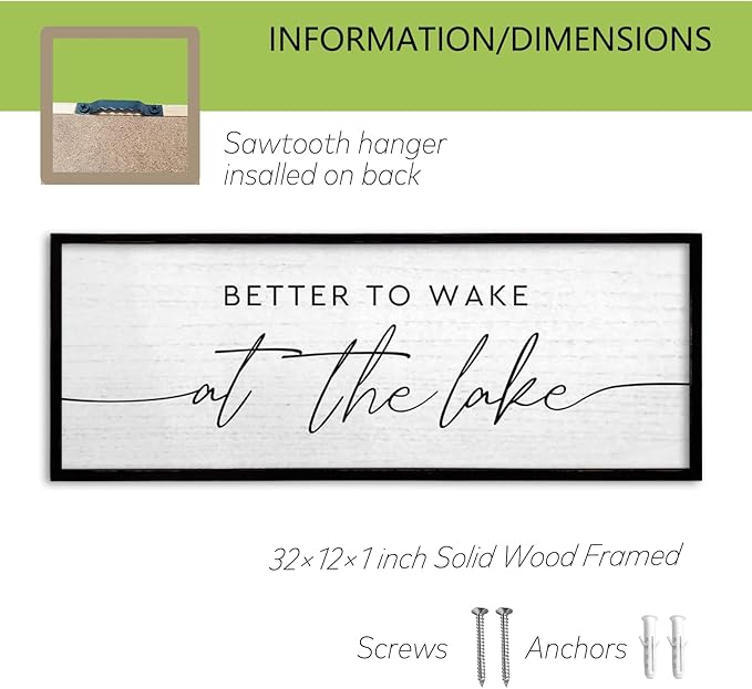 TQianJiang Lake House Decor Better To Wake At The Lake Sign 32"×12" for Bedroom Above Over Bed Large Country Home Cabin Farmhouse Rustic Quote Wood Framed Wall Hanging Art (Black)