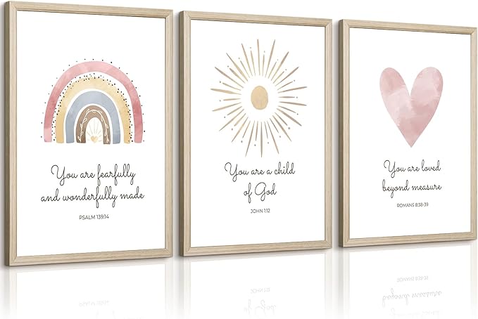 Boho Nursery Wall Art 3 Pieces Bible Verse Nursery Art Christian Girls Nursery Wall Art Heart Rainbow Sun Nursery Art Print Boho Sunshine Decor for Girl Baby Kid Room Decor 12x16 Inch Wood Framed