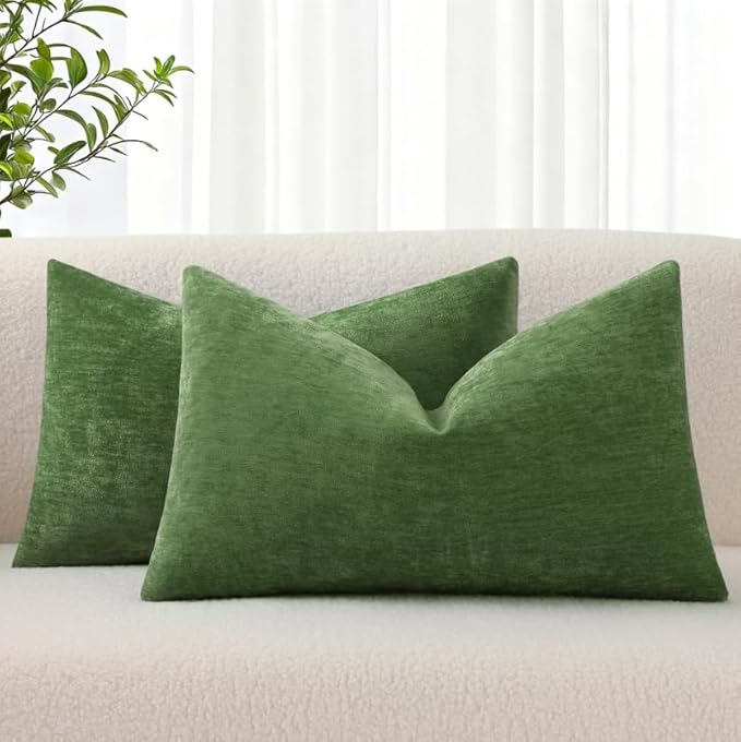 decorUhome Chenille Moss Green Throw Pillow Covers 12x20 Inch Set of 2, Decorative Soft Couch Pillow Covers Solid Dyed Accent Farmhouse Neutral Rectangle Pillow Cases for Sofa