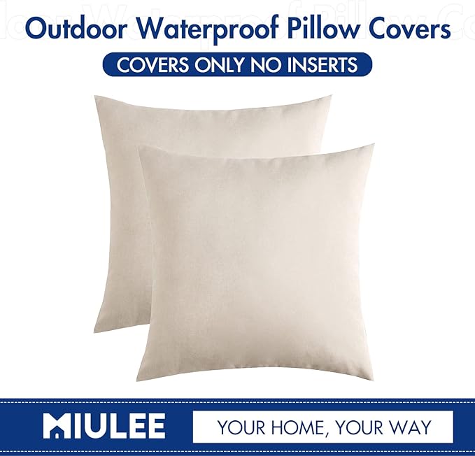 MIULEE Pack of 2 Decorative Outdoor Solid Waterproof Throw Pillow Covers Euro Sham Faux Linen Garden Farmhouse Cushion Cases for Patio Tent Balcony Couch Sofa 26x26 Inch Beige
