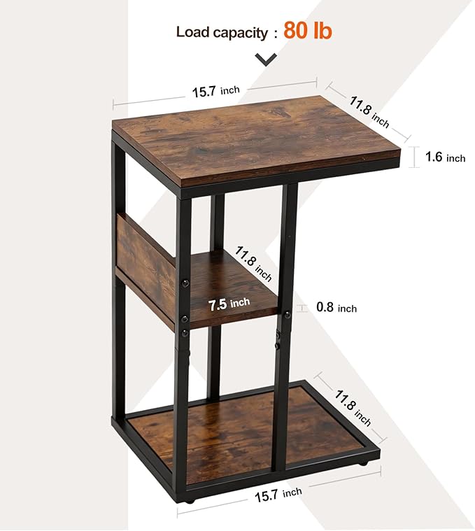 King Oasis 3-Tier Brown Metal Side Table - Industrial End Table & Nightstand with Adjustable Feet, 80LB Sturdy Small Bedside Table Storage Shelf for Living Room, Bedroom, and Small Spaces