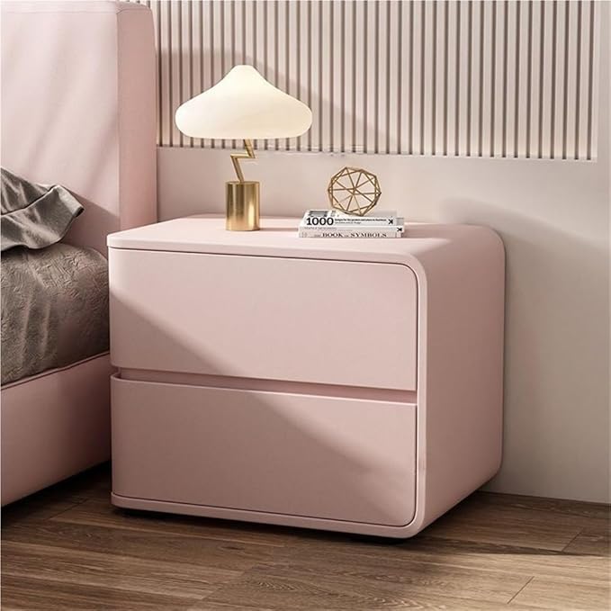 Minimalist Bedside Table Wood Bedside Furniture, Leather Nightstand with 2 Drawer Storage Modern Night Stand for Bedroom, Living Room, 17.7x15.7x18.9inch(Pink,Right)