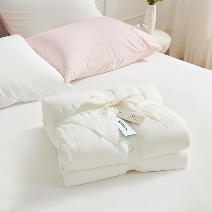 Cozy Bliss Cooling Comforter California King Size, Oversized Cooling Blanket for Hot Sleepers and Night Sweats, Cream Summer Comforter for Cal King Bed, Breathable Soft Lightweight Silk Smooth