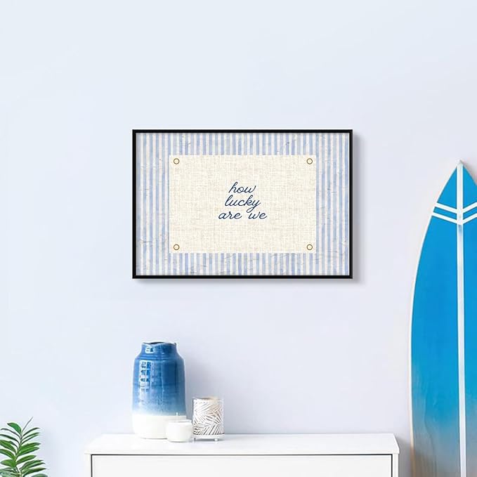 How Lucky Are We Canvas Wall Art, Navy Blue Stripes Positive Quote Poster, Daily Affirmations Wall Decor for Bedroom Dorm, Modern Inspiring Typography Print for Office 8x12in Framed