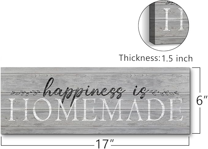 Happiness is Homemade Sign Decor Family Decorative Signs Wall Art Inspirational Motto Canvas Prints Retro Quote & Saying Artwork for Bedroom, Living Room, Kitchen, Hallway, Home Decoration 6 x 17 inch