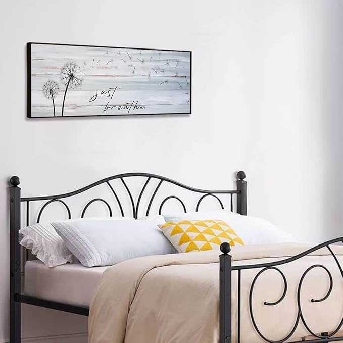 Modern Farmhouse Wall Decor Just Breathe Dandelion Canvas Art Prints Above Bed Bedroom Farmhouse Decor Vintage Bathroom Office(Black Wooden Frame) 43x15inch