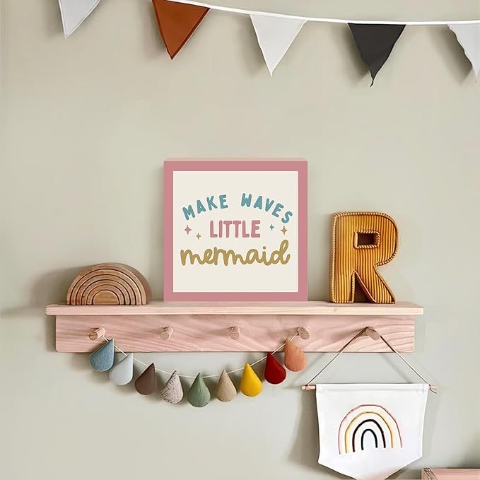 Lacama Mermaid Girls Room Decor Wooden Box Sign, Ocean Nursery Decorations Wood Block Signs, Make Waves Little Mermaid Wood Sign for Baby Little Girls Room Bedroom Desk Shelf Wall Decor 5x5 Inches