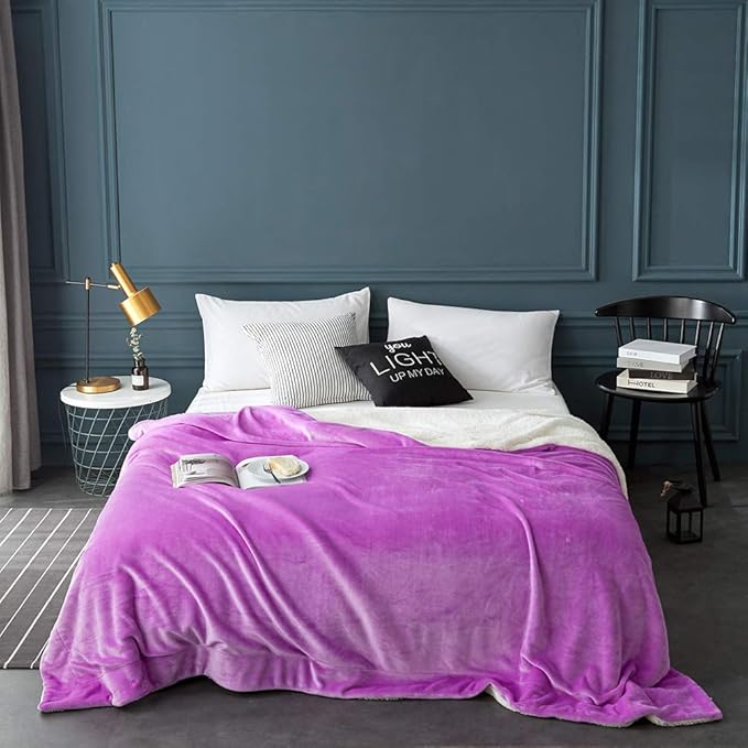LBRO2M Sherpa Fleece Bed Blanket King Size Super Soft Fuzzy Plush Warm Cozy Fluffy Microfiber Couch Throw Velvet Double Reversible Luxurious Blankets,Purple