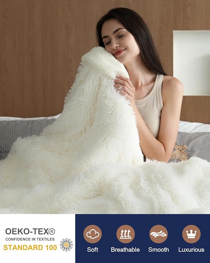 Pawque Luxury Faux Fur Throw Blanket, Super Soft King Size Throw Blankets 90x90 inches, Decorative Blankets for Sofa Couch Bed Chair Photo Props, Breathable & Washable, Cream