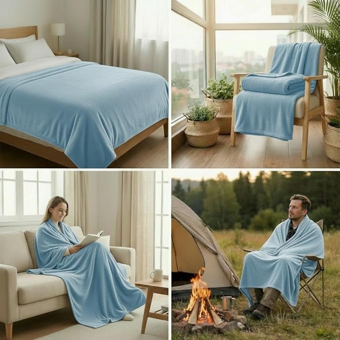 Fleece Blanket Full/Queen - 80x90 Inch Lightweight & Buttery-Soft Throw for Bed, Sofa, Camping | 300GSM Cloud-Touch Microfiber | Cozy Essentials for Travel & Movie Nights, (Light Blue)