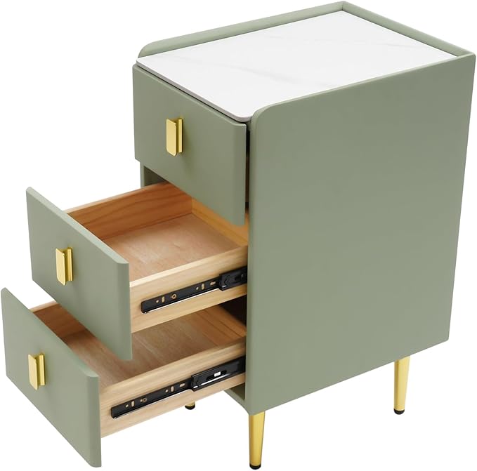 Narrow Nightstand with 3 Drawers, Narrow Side Table End Table Leather Bedside Cabinet Slim Storage Bedside Table for Small Space Bedroom Living Room Dormitories (Green)