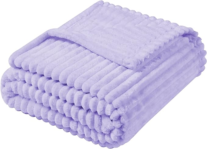 Vessia Flannel Fleece Throw Blanket for Couch,Sofa,Bed, 300GSM Striped Lavender Blanket for Adults and Kids, Super Soft Warm Cozy Lightweight Ribbed Lilac Throw for All-Season(Light Purple)