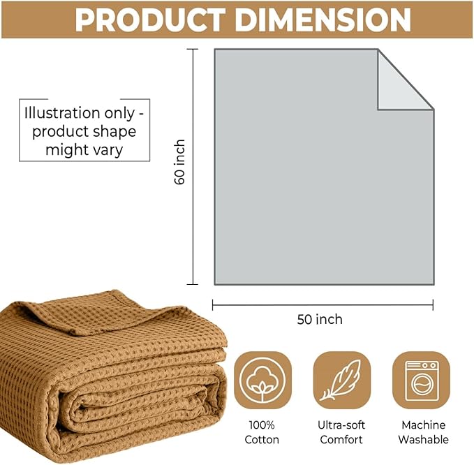 100% Cotton Blankets for Bed - Waffle Weave Blankets for Summer, Lightweight and Breathable Soft Woven Blanket for Spring (Orange, Queen (90" x 90"))