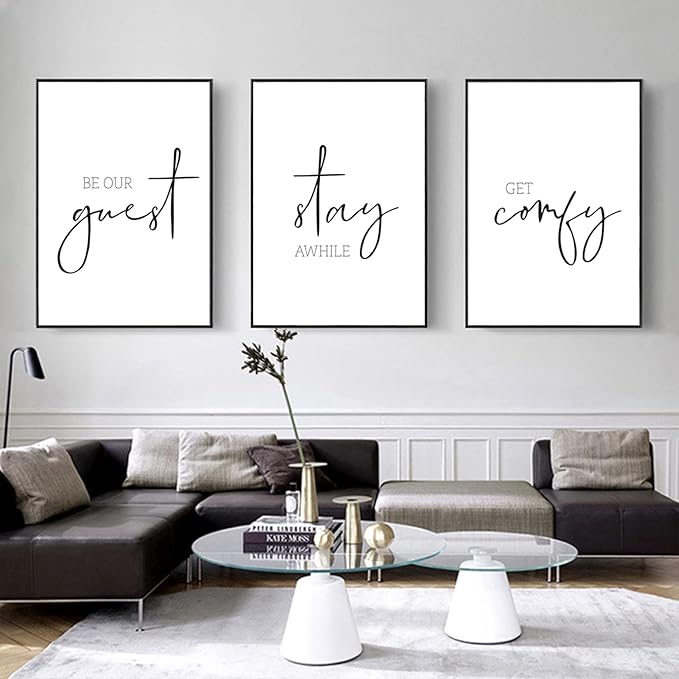 Be Our Guest Wall Decor Guest Room Wall Art Decor Stay Awhile Signs for Home Decor Minimalist Wall Art over the Bed Sign Guest Bedroom Wall Decor Canvas Painting 12x16 Inch (set of 3) UNFRAMED