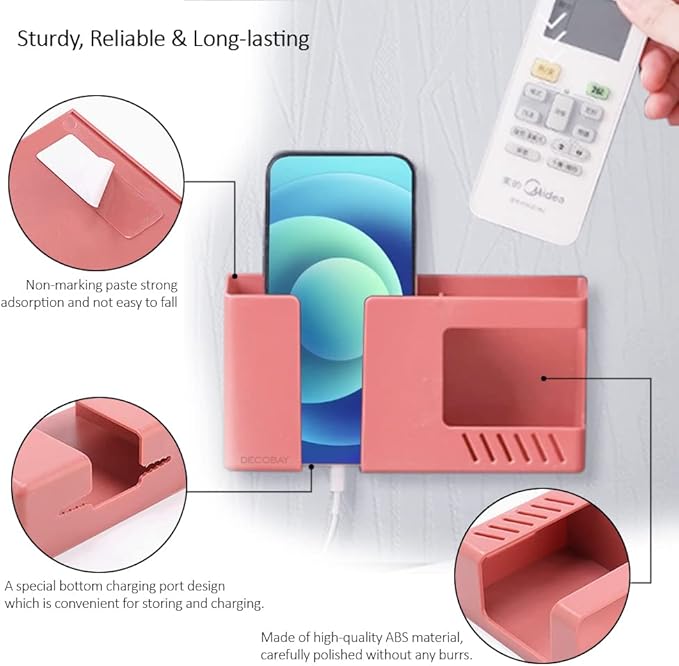 Strong Adhesive Wall Mount Phone Holder D3 Punch-Free Bedside Phone Shelf with Charging Port, Sticky Remote Control Storage Box, Bathroom & Kitchen Wall Organizer (2 Pack-Blue)