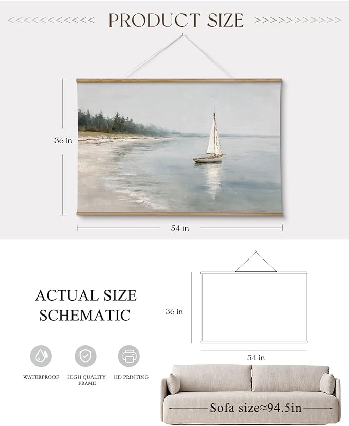 ARPEOTCY Extra Large Vintage Framed Wall Art, 36x54 Inch Coastal Ocean Sailboat Beach Landscape Hanging Canvas Prints Wall Art Decor for Living Room Bedroom, Retro Scenery Pictures Above of Bed