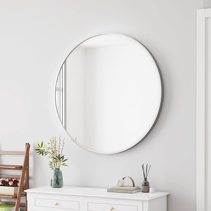 Itrue Round Mirror 24 inch Silver, Circle Mirror for Wall, Bathroom Mirrors for Over Sink,Living Room, Bathroom, Vanity, Entryway, Hallway.