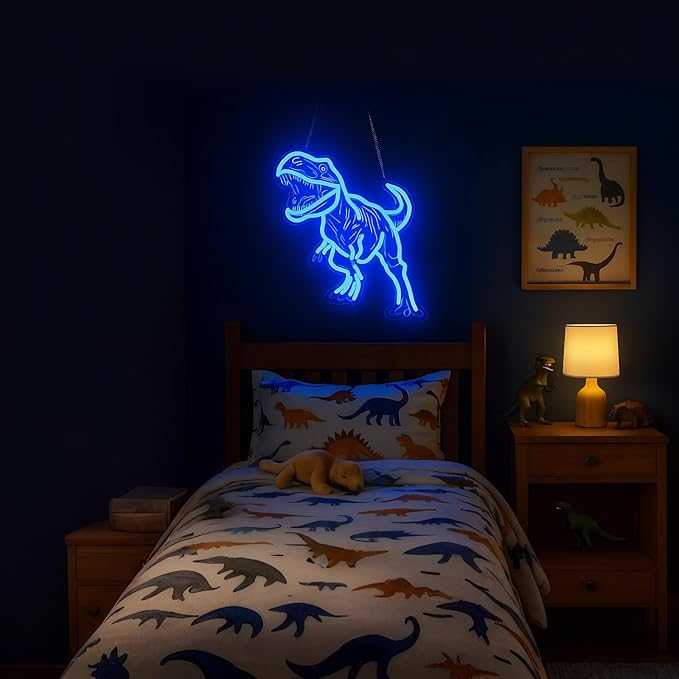 Dinosaur Neon Sign for Wall Decor, USB Dimmable Blue LED Night Light for Boys Bedroom, Jurassic Party Decorations, Birthday, Halloween and Christmas Gift, 15.5 x 13 inch