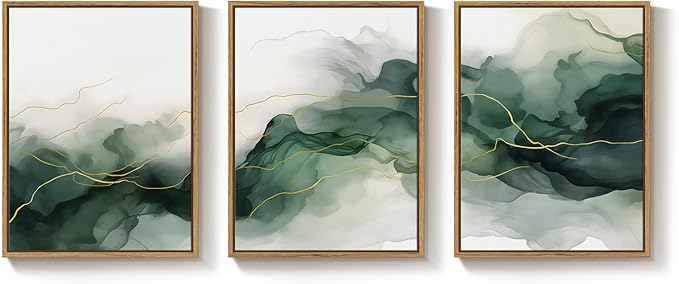 Framed Abstract Green Room Wall Decor, 3 Piece Modern Minimalist Watercolor Wall Art for Living Room, Flowing Gold Lines White Painting Print Canvas Artwork for Bedroom Home Office Walls, 12x16 Inch