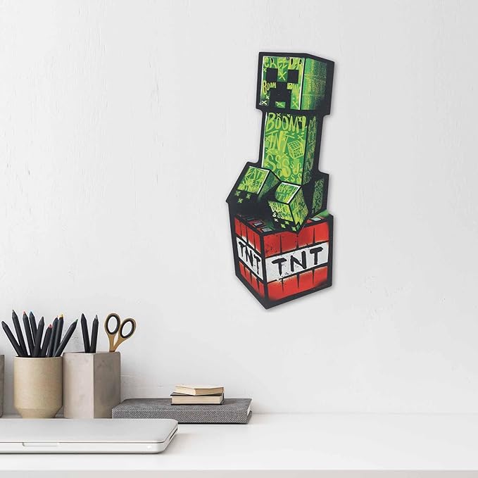 Open Road Brands Minecraft Creeper Metal Sign - Minecraft Creeper Sitting on TNT Block Graphic for Gaming Rooms and Kids’ Decor