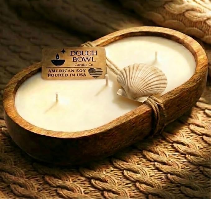 Dough Bowl Candle Co. Beach Linen Soy Candle - 3 Wick Rustic Farmhouse Decor Odor Eliminator in Wooden Bowls, 20 Ounce Wooden Dough Bowl Candle, All-Natural Gifts for Women and Men, Coffee Table Decor