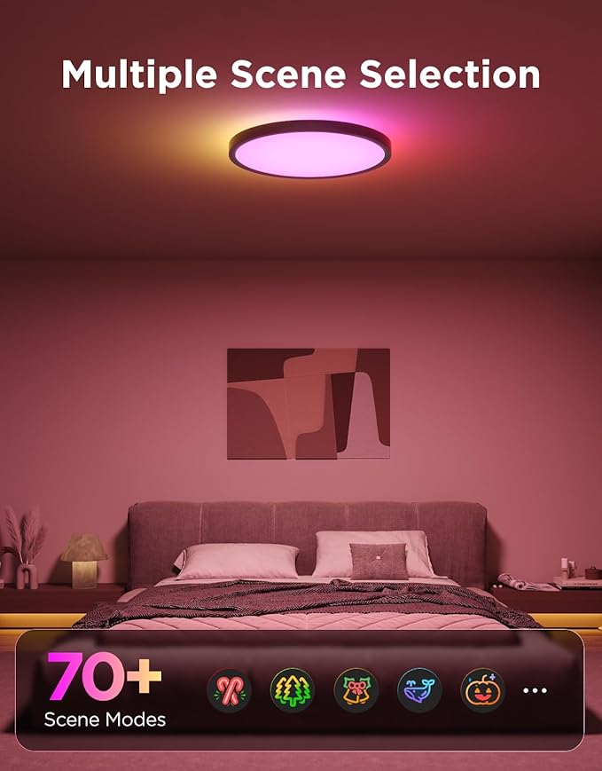 Govee Smart Ceiling Light, RGBIC LED Ceiling Light Fixture, 2400LM Flush Mount Light Fixture, DIY Colors, Works with Alexa, 2200K-6500K for Bedroom, Living Room, 12 Inch, 1 Pack, Black