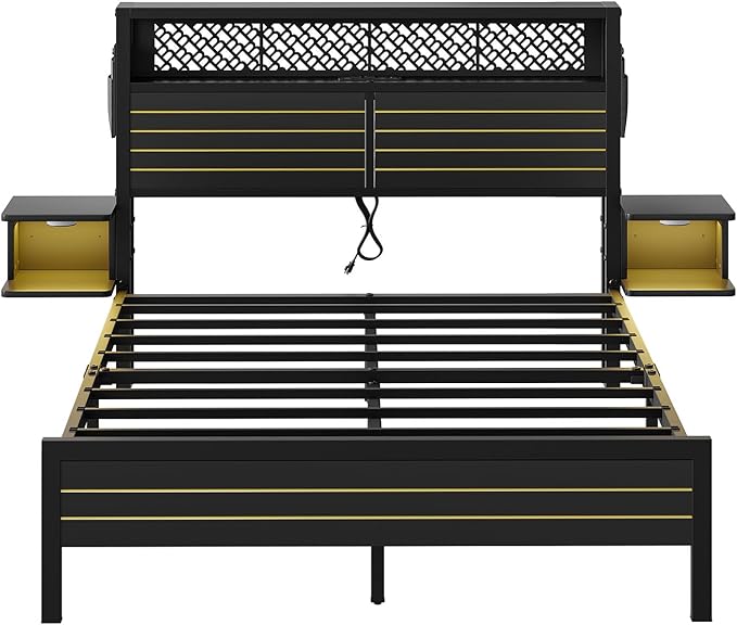 Bestier Full Bed Frame with Horizontal Golden Stripe Storage Headboard&LED Nightstands, Metal Platform Bed with Charging Station, Heavy Duty Metal Slats, No Box Spring Needed, Noise Free(Matte Black)