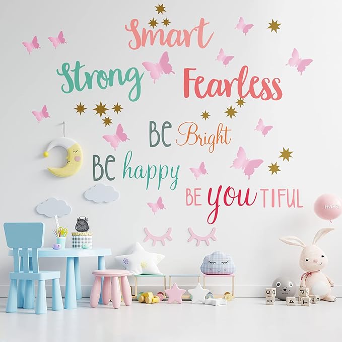 Chinco 20 Sheets Inspirational Quotes Wall Decals Stickers for Girls,12 Sheets Pink Pastel 3D Butterfly,Smart Strong Fearless,Be Bright Happy,Be You Tiful Sayings Art Stickers for Bedroom Living Room