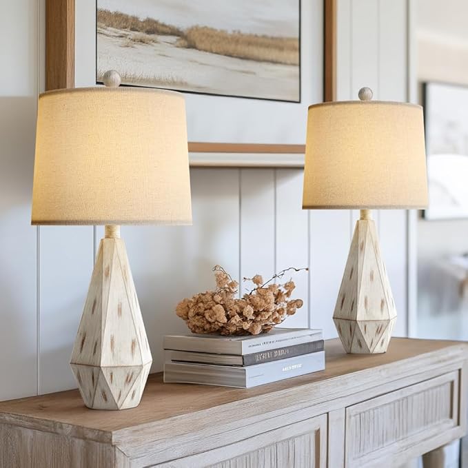 PoKat 23'' Farmhouse Table Lamps Set of 2, Beige Rustic Lamps for Living Bedroom Night Stands, Bedside Nightstands Living Room Table Lamps for End Side Table, Beige and White