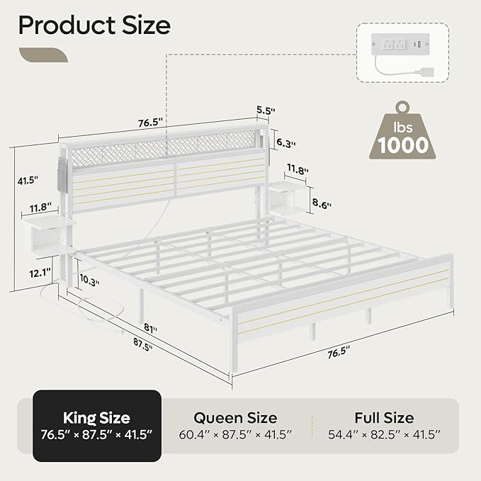 Bestier King Bed Frame with Horizontal Golden Stripe Storage Headboard&LED Nightstands, Metal Platform Bed with Charging Station, Heavy Duty Metal Slats, No Box Spring Needed, Noise Free(White)