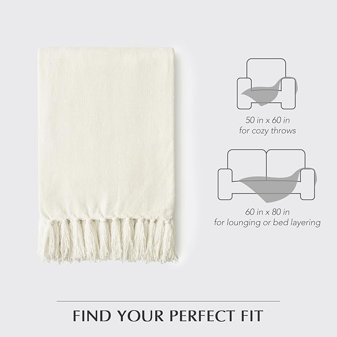 EverGrace Soft Chenille Throw Blanket for Couch, Cozy Plush Fuzzy Decorative Chenille Knit Throw Blanket with Tassels, Lightweight Blanket and Throws for Bed Sofa Gift Home Decor, Ivory White 60"x80"