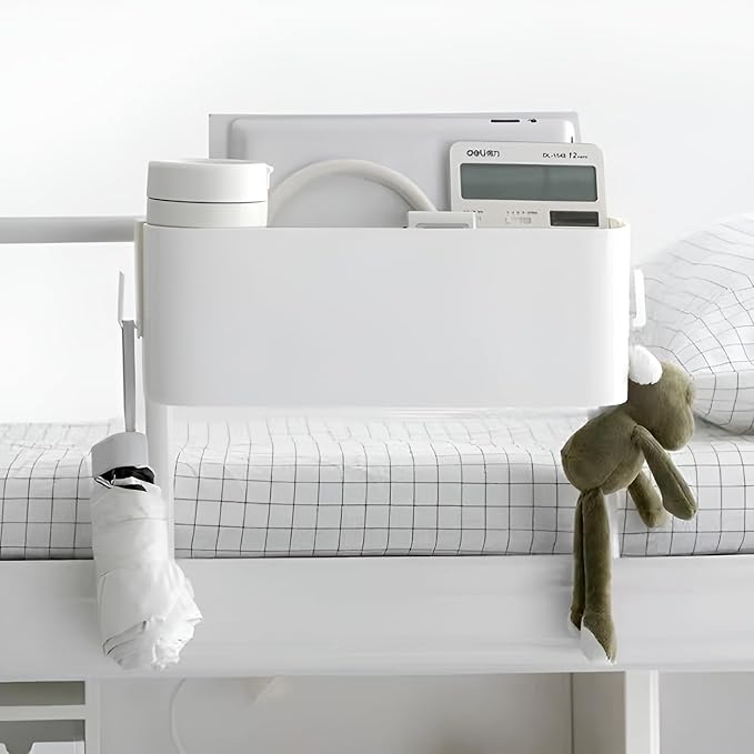 Bedside Caddy Organzier, Bunk Bed Shelf Accessories for Dorm, Bed Caddy Hanging with Hooks for Remotes, White, 11 lbs Capacity
