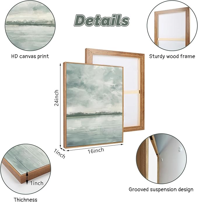 CHDITB Abstract Coastal Landscape Framed Wall Art, Lake Pastel Painting, Misty Sky Seascape Print, Blue Gray Artwork Minimalist Neutral Nature Wall Decor for Zen Living Room Bedroom Office 16"x24"x3