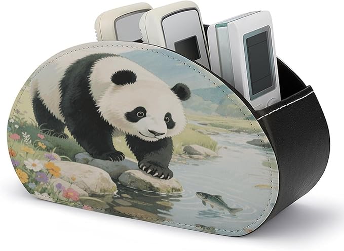 Panda Playful Fish Remote Control Holder Organizer Box with 5 Compartment PU Leather Bedside Storage Caddy Remote Organizer for Controller Media Player Pen/Pencil Storage