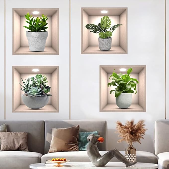 4 Pack 3D Green Plants Wall Stickers Botanical Plants Wall Decals for Bedroom Living Room Kitchen
