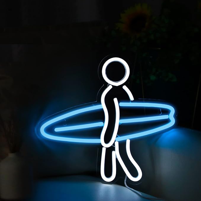 Surfer Neon Sign for Bedroom Wall Decor USB Powered, Surfboard Decor Dimmable Surfer Light Anime Neon Sign for Kids Room Wall Art Birthday Gift 13 * 12 Inches Ice Blue